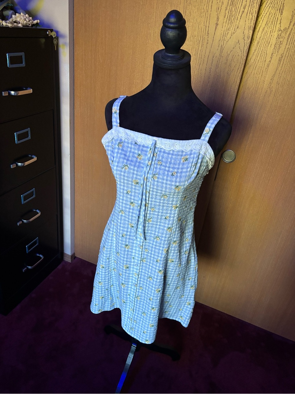 Light Blue Gingham Floral Sundress with Lace Trim